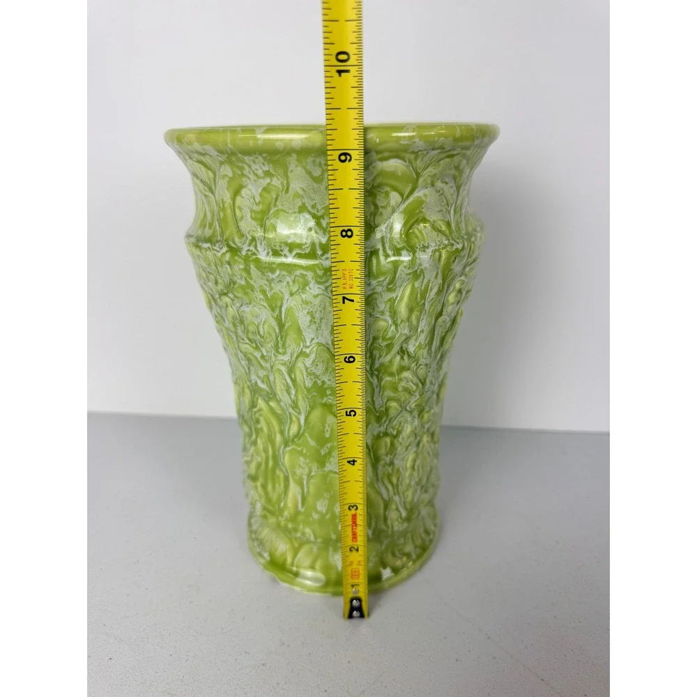 Vintage Lime Green White Drip Glaze Ceramic Vase Textured Floral Embossed 9.25in